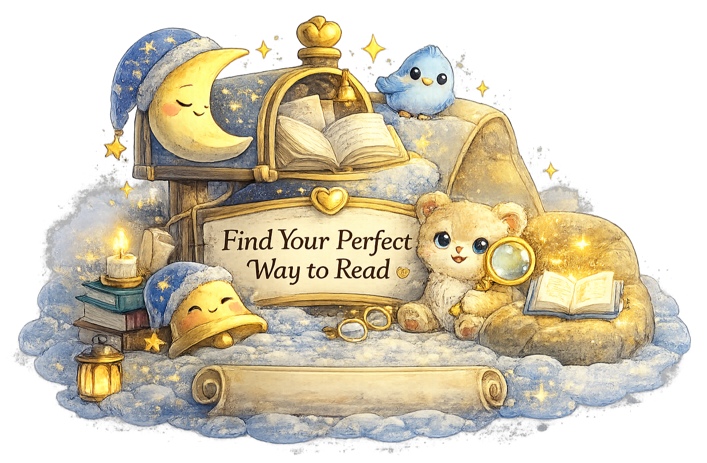 A child reading on a crescent moon among the stars